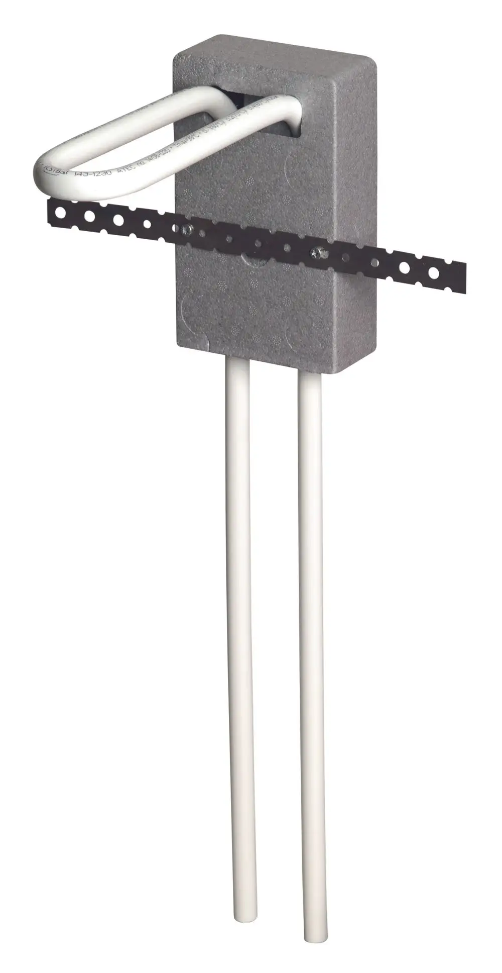 Wavin Heizkörperanschlussblock in grau mit zwei weißen Rohren und einer schwarzen Verbindungselement. Ideal für Heizungsinstallationen.